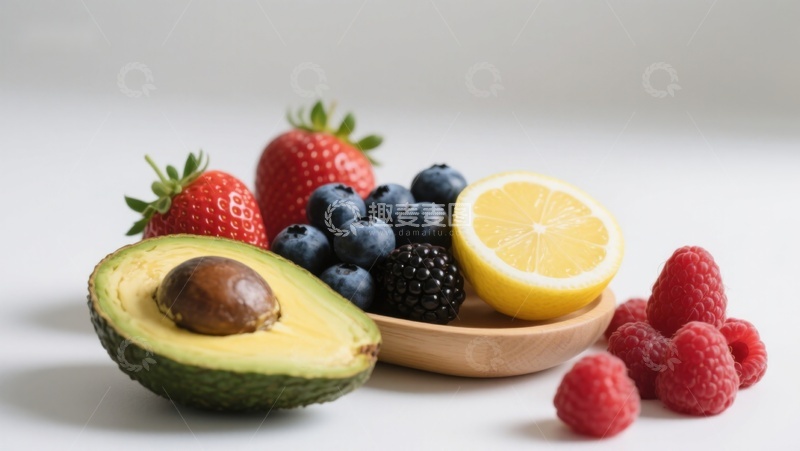 高清大图下载【趣麦麦图】新鲜水果组合：牛油果、浆果与柠檬