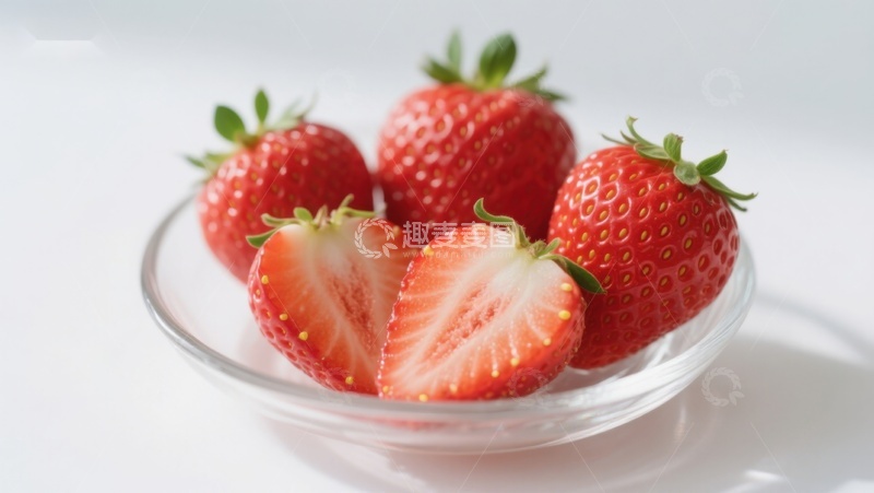 高清大图下载【趣麦麦图】新鲜草莓盛于透明碗中