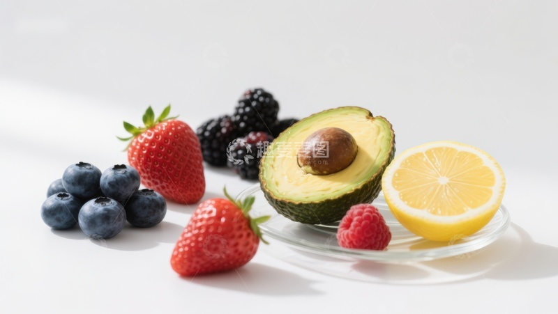 高清大图下载【趣麦麦图】新鲜水果组合：草莓、蓝莓、牛油果和柠檬