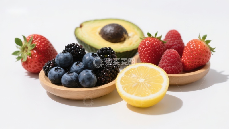高清大图下载【趣麦麦图】新鲜水果组合：草莓、蓝莓、黑莓、柠檬与牛油果