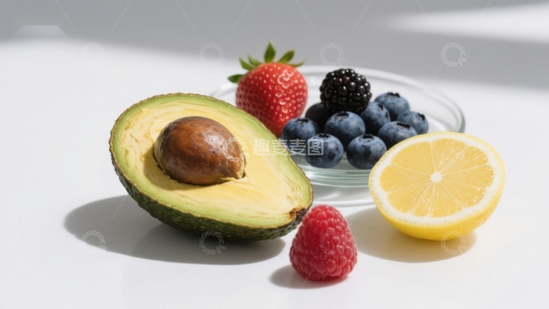 高清大图下载【趣麦麦图】新鲜水果组合：牛油果、浆果与柠檬