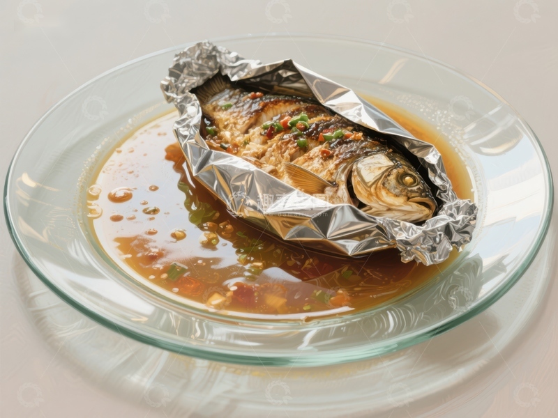 高清大图下载【趣麦麦图】锡纸包裹的烤鱼配汤汁