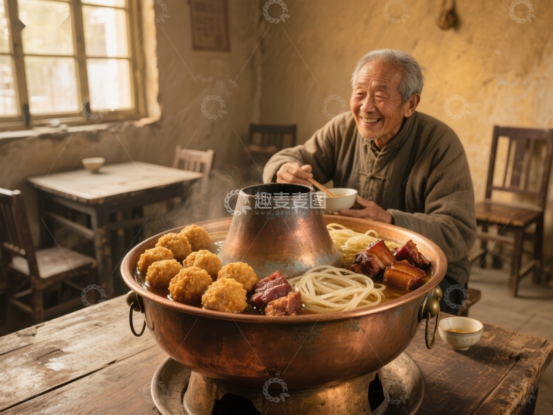 高清大图下载【趣麦麦图】老人享用热气腾腾的火锅