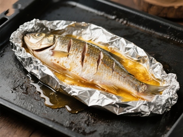 烤鱼包裹铝箔，置于烤盘中