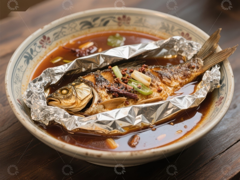 高清大图下载【趣麦麦图】锡纸烤鱼配香料汤汁