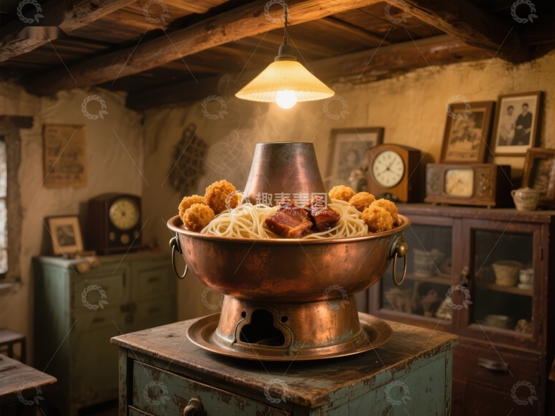 高清大图下载【趣麦麦图】铜锅意面与肉丸的温馨厨房场景