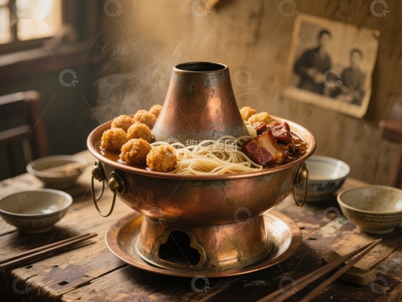 高清大图下载【趣麦麦图】铜锅热气腾腾，传统美食诱人