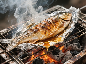 烤鱼在炭火上冒着热气