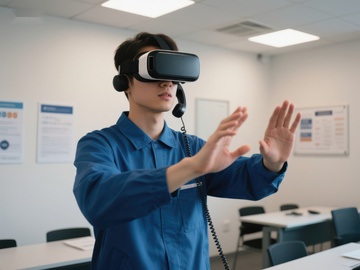 学生使用虚拟现实头盔进行互动学习