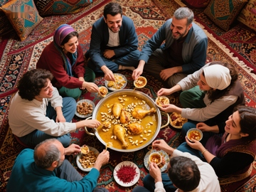 家人围坐地毯共进传统美食