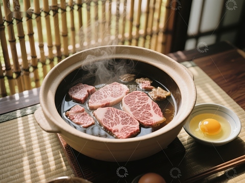 热气腾腾的牛肉火锅与生鸡蛋