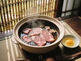 热气腾腾的牛肉火锅与生鸡蛋