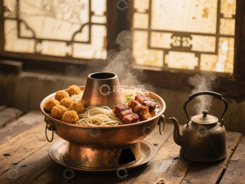 高清大图下载【趣麦麦图】热气腾腾的火锅与面条