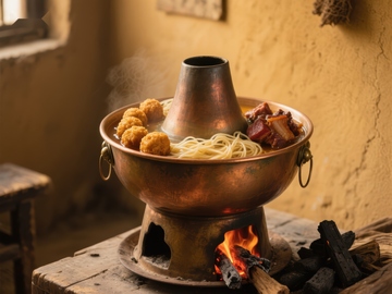 铜锅火锅，炭火煮食