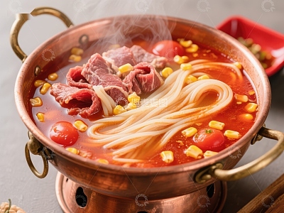 热气腾腾的牛肉面锅