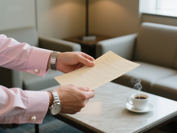 商务人士阅读文件，桌上热饮袅袅