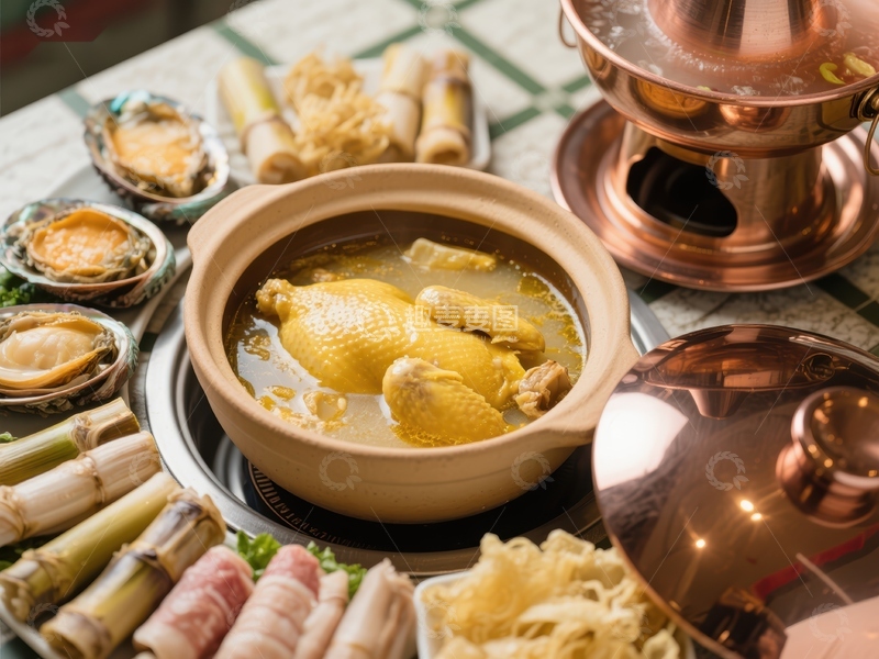 高清大图下载【趣麦麦图】鲜美鸡汤火锅，配菜丰富诱人