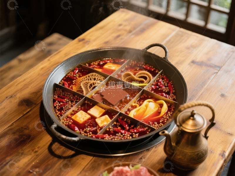 高清大图下载【趣麦麦图】六格火锅，热气腾腾的美食盛宴