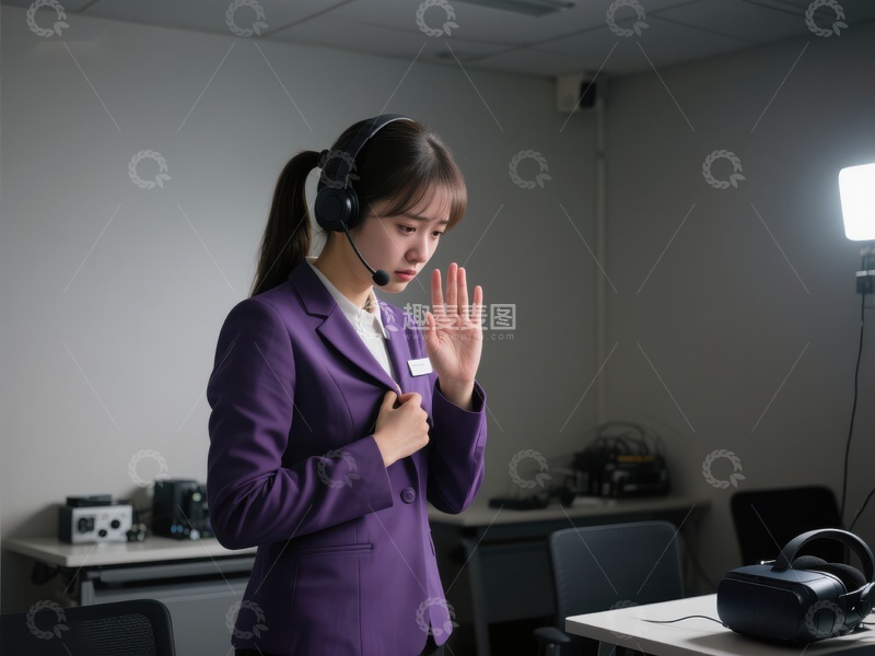 高清大图下载【趣麦麦图】女性佩戴耳机进行手势交流