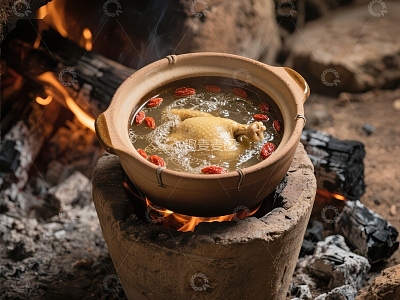 户外火上炖煮的鸡汤