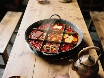 火锅分格锅底，热气腾腾的美食