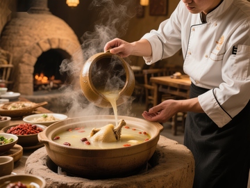 厨师倾倒热汤入砂锅