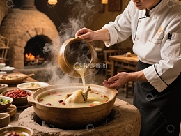 厨师倾倒热汤入砂锅