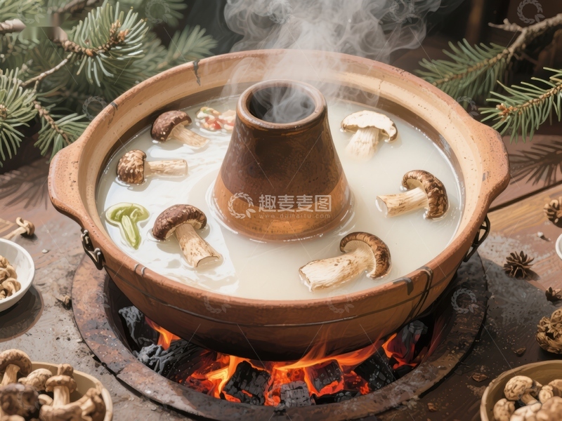 高清大图下载【趣麦麦图】热气腾腾的火锅，蘑菇汤底