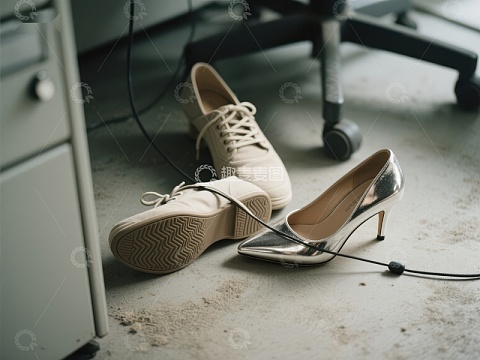 办公室地板上的休闲鞋与高跟鞋