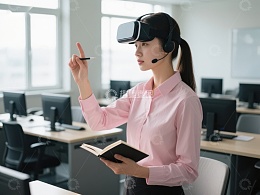 办公室中使用VR设备的女性