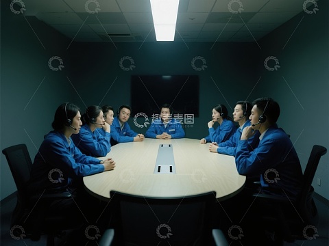 团队会议：统一着装的员工围坐讨论