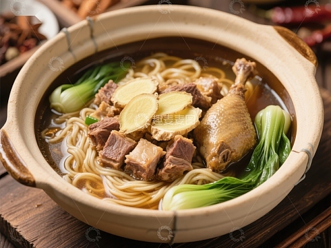 砂锅炖煮鸡肉牛肉面
