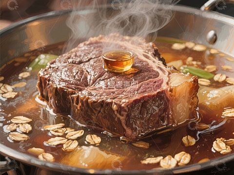 热气腾腾的牛肉炖煮特写