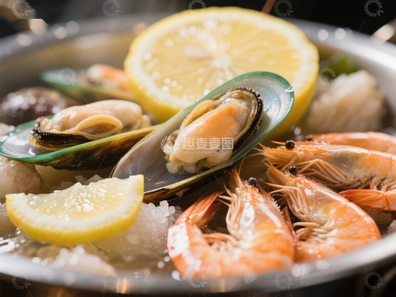 高清大图下载【趣麦麦图】海鲜拼盘：贻贝虾仁配柠檬