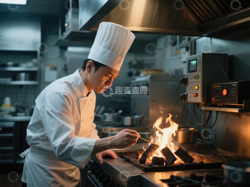 高清大图下载【趣麦麦图】厨师专注烹饪，火焰映照厨房