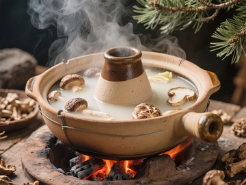 热气腾腾的火锅与松枝装饰