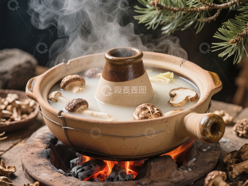 高清大图下载【趣麦麦图】热气腾腾的火锅与松枝装饰