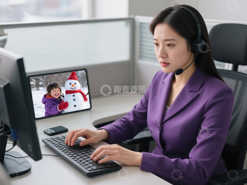 高清大图下载【趣麦麦图】客服人员办公，屏幕显示雪人与儿童