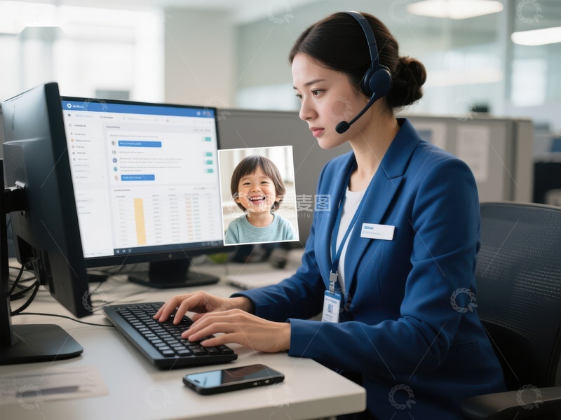高清大图下载【趣麦麦图】客服人员专注工作，屏幕显示儿童笑脸