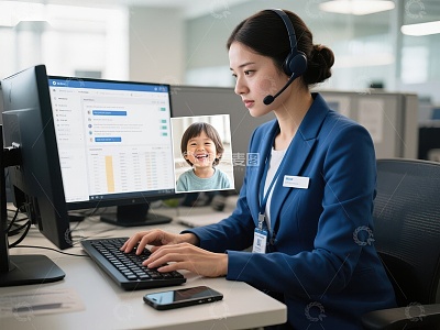 客服人员专注工作，屏幕显示儿童笑脸