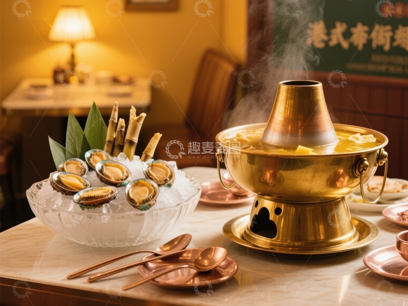 高清大图下载【趣麦麦图】热气腾腾的火锅与新鲜生蚝