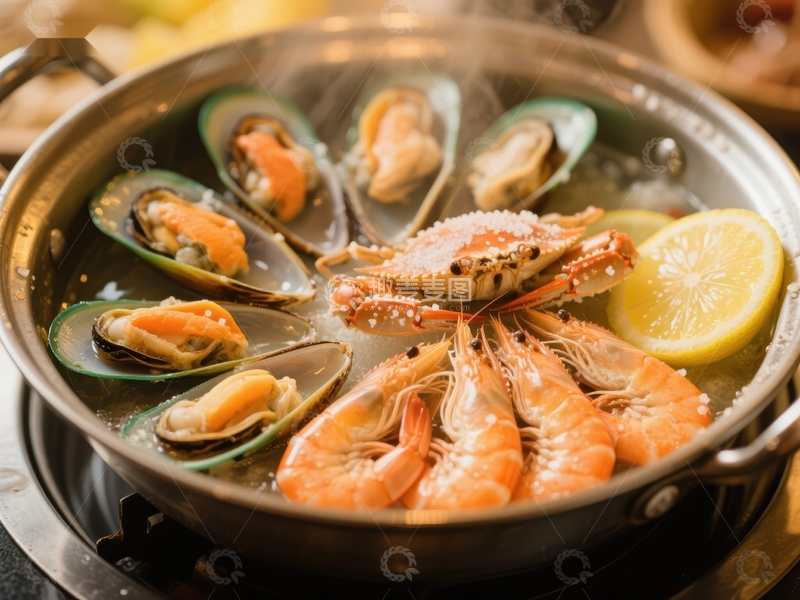 高清大图下载【趣麦麦图】海鲜锅：贻贝虾蟹与柠檬的美味组合