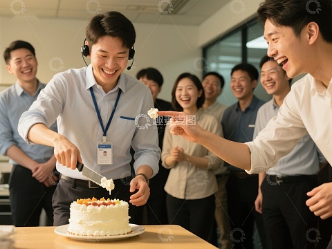 办公室庆祝活动，员工切蛋糕