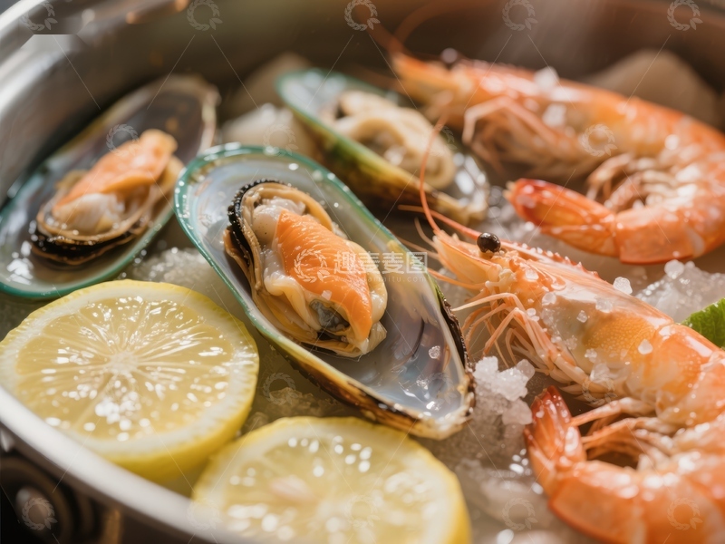 高清大图下载【趣麦麦图】海鲜拼盘：贻贝虾类配柠檬