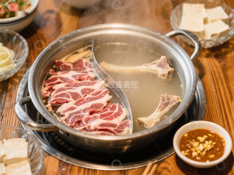 高清大图下载【趣麦麦图】热气腾腾的火锅与新鲜食材