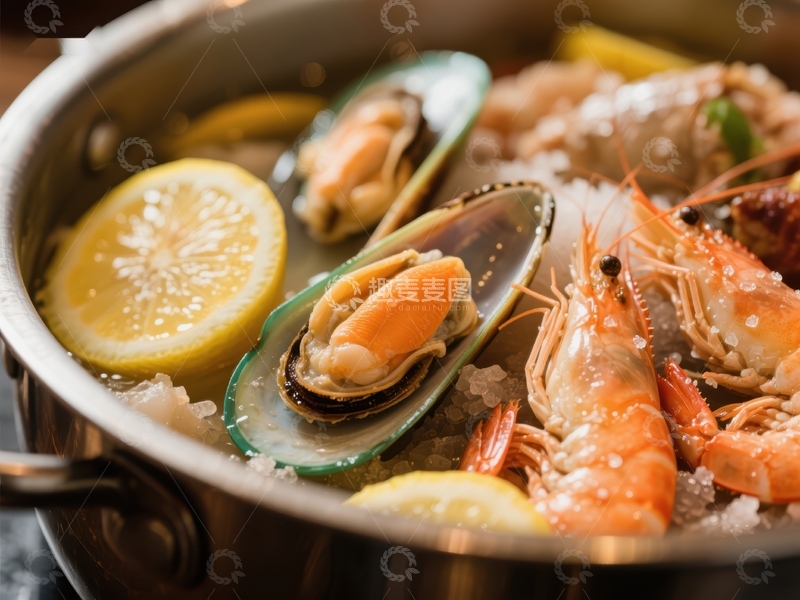 高清大图下载【趣麦麦图】海鲜锅中的美味贝类与虾
