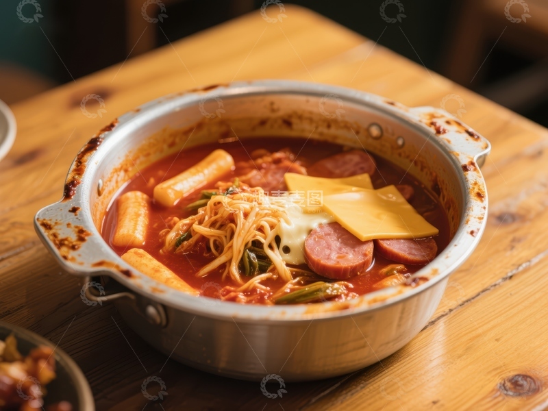 高清大图下载【趣麦麦图】韩式辣锅，年糕与香肠的美味组合