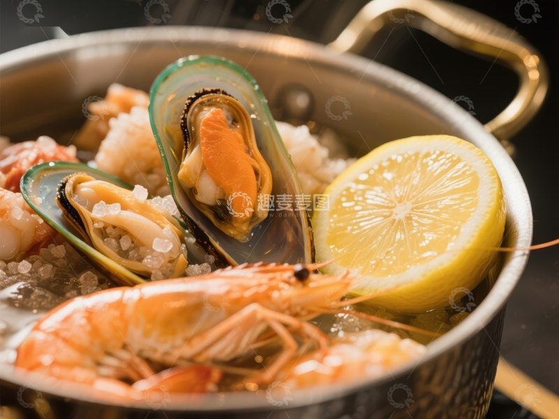 高清大图下载【趣麦麦图】海鲜锅中的贻贝、虾和柠檬