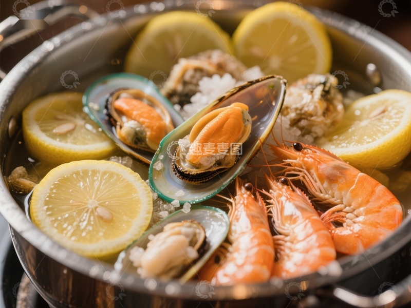高清大图下载【趣麦麦图】海鲜锅：鲜美虾贝与柠檬的完美结合