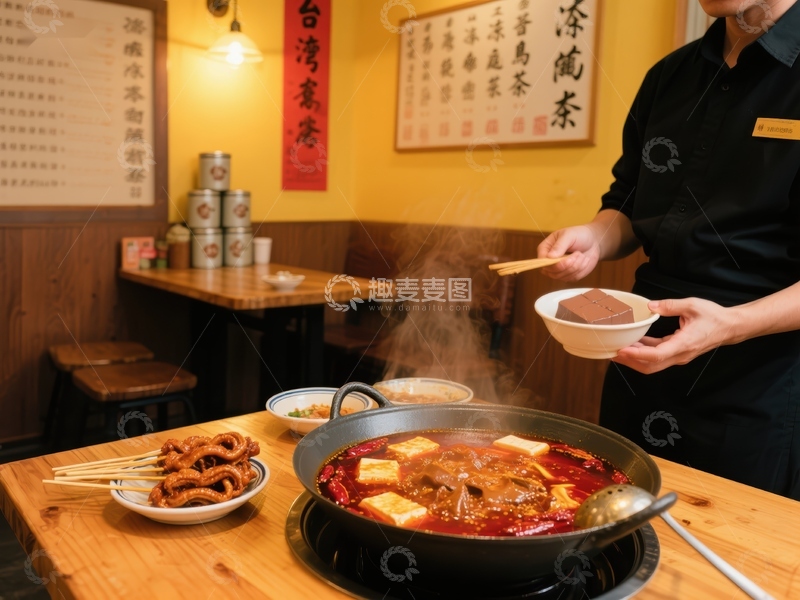 高清大图下载【趣麦麦图】火锅店内服务员端上热腾腾的美食